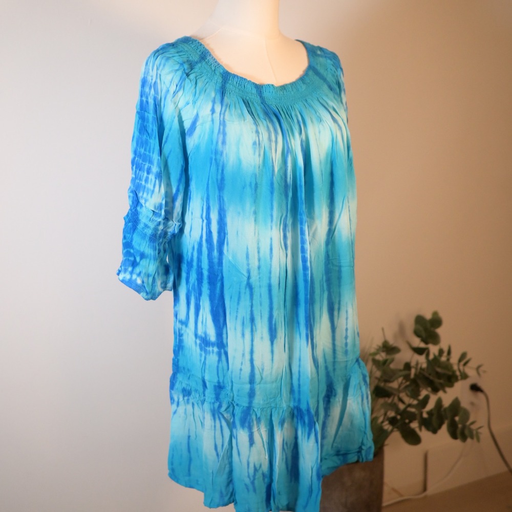 Island Planet Miami Beach Blue Tie Dye Smocked Tunic Dress One Size